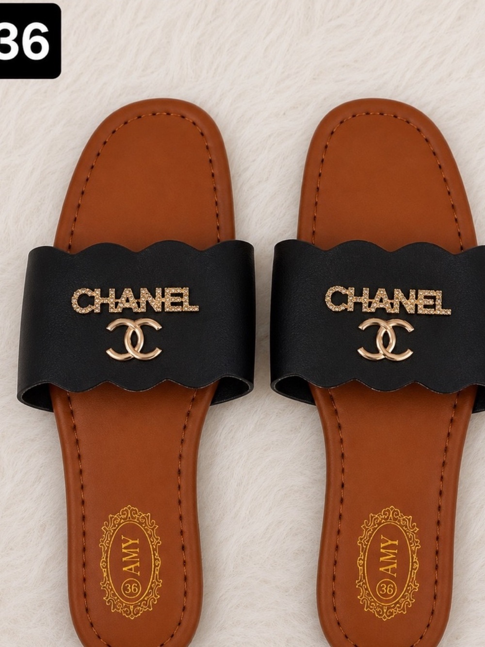 Inspired Chanel  Black Scalloped Logo Slide Sandals with Brown Footbed